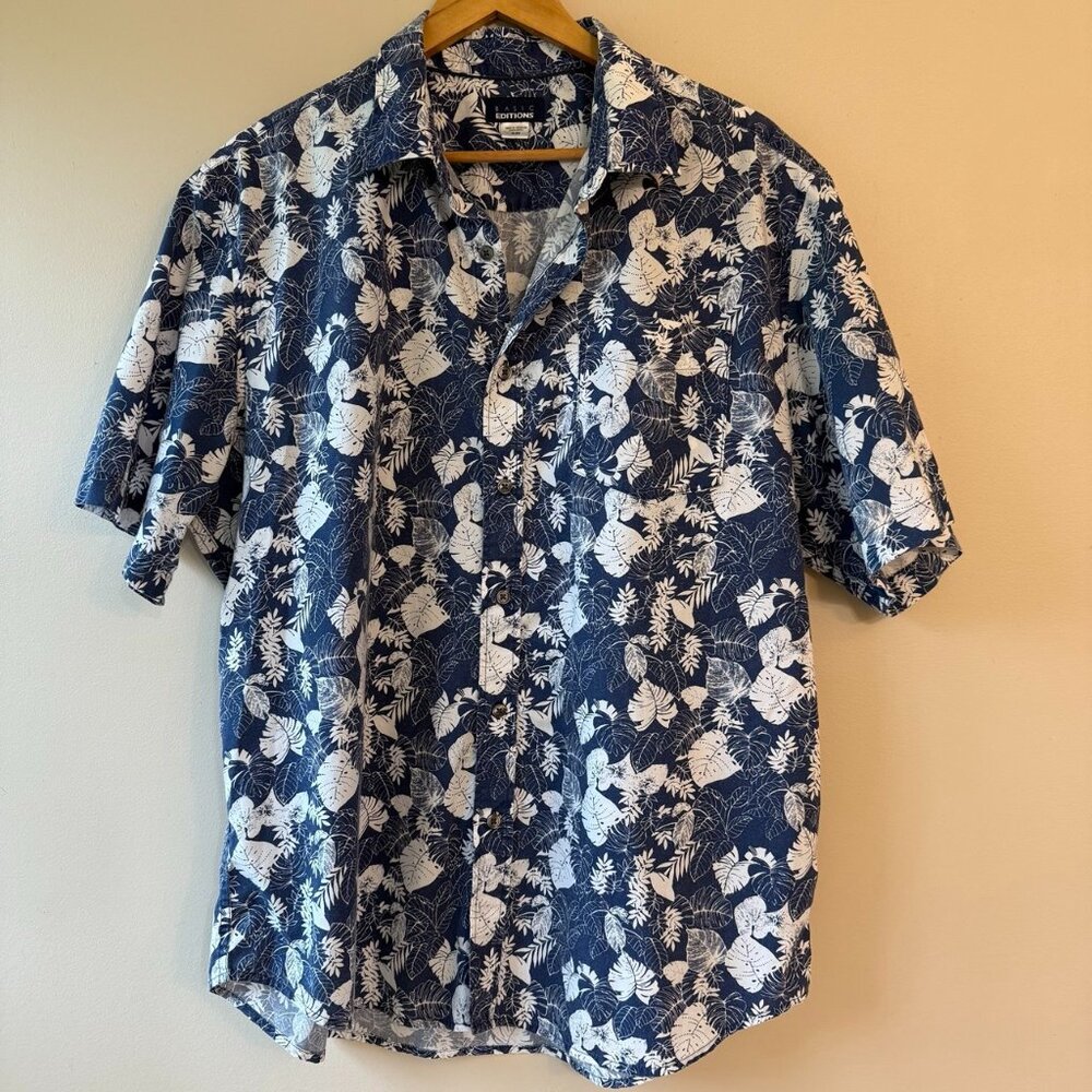 Men’s Tropical Floral Shirt Blue Short Sleeve XL Hawaiian Style Button Up